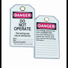 Heavy-Duty Laminated Lockout Tag, Plastic, Do Not Operate Legend, Grommet: 7/8 IN, Package: 5/Card, Exceeds OSHA 50 LB Pullout Requirement