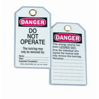 Heavy-Duty Laminated Lockout Tag, Plastic, Do Not Operate Legend, Grommet: 7/8 IN, Package: 5/Card, Exceeds OSHA 50 LB Pullout Requirement