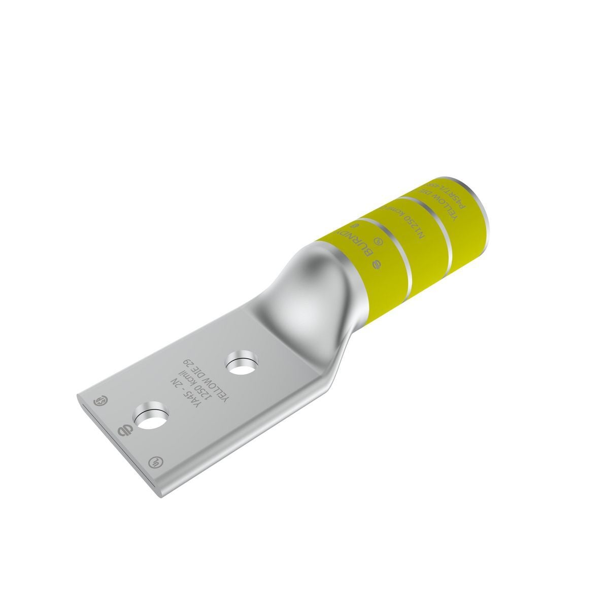 1250 kcmil CU, Two Hole, 1/2 Stud Size, 1-3/4 Hole Spacing, Long Barrel Internal Chamfer, Tin Plated, UL/CSA, 90?C, Up to 35kV, Yellow Color Code, 29 Die Index.