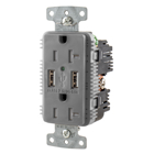 USB Charger Duplex Receptacle, 20A 125V,2-Pole 3-Wire Grounding, 5-20R, 2) 5A USB Ports, Gray