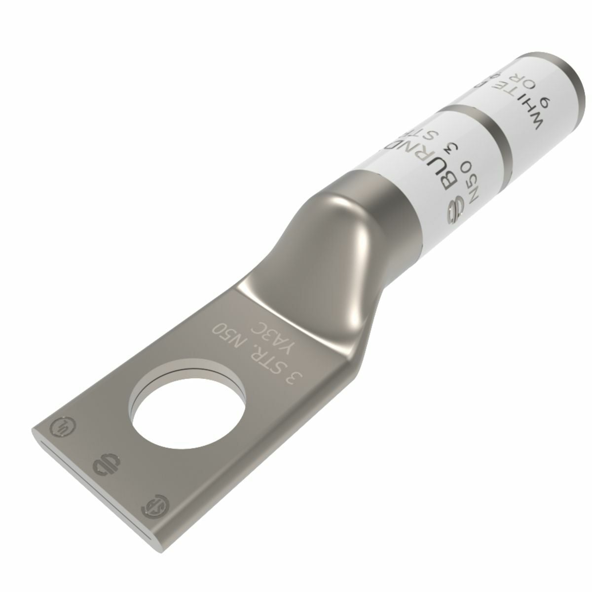 3 AWG CU, One Hole, 1/2 Stud Size, Long Barrel, Internal Chamfer, Tin Plated, UL/CSA, 90?C, Up to 35kV,WHITE Color Code, 9 Die Index.
