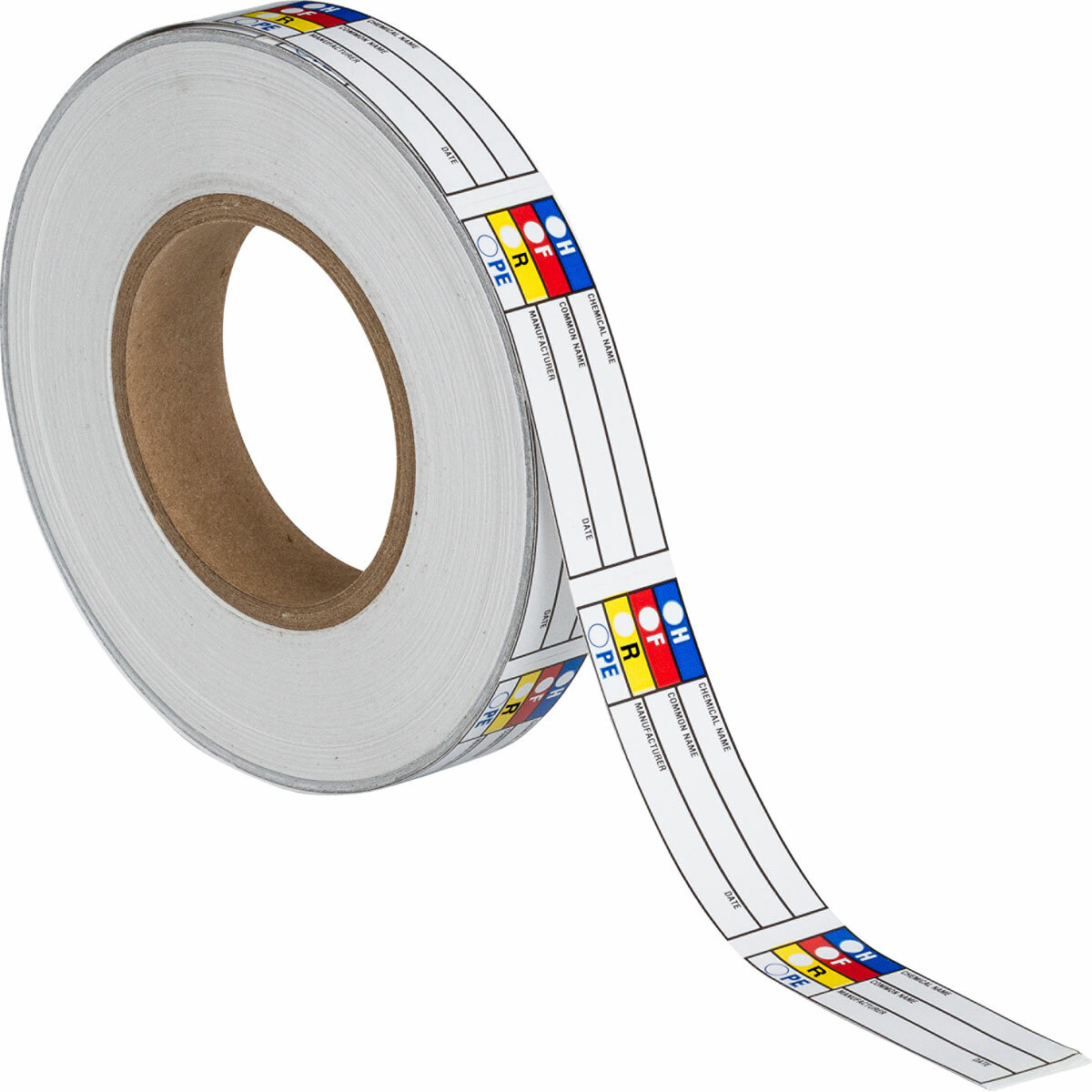 99186 Non-Reflective Rectangular Self-Adhesive Hazardous Material Label, 1-1/2 in W, CHEMICAL NAME COMMON NAME MANUFACTURER DATE Legend, Black/Blue/Red/Yellow on White, B-235 Coated Paper, 1000 per Roll Labels