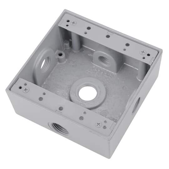 Two Gang Universal Weatherproof Box, 31 Cubic Inches, Hub Size 1/2 Inch, Silver, Aluminum, 5 Outlets (2-Sides) with 1 on Top, Bottom, Both Sides, and Back