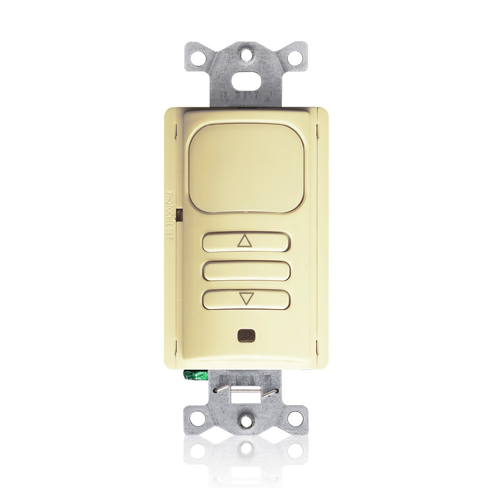 0-10V Passive Infrared (PIR) Dimming Wall Switch Sensor lighting control. Occupancy (auto-on) and Vacancy (manual-on) operating modes, 1 relay mode for single-level switching, 1,000 square-foot, 180 degree coverage. 120/277VAC, 50/60Hz, no minimum load requirement, zero arc point switching. Title 24 and IECC and ASHRAE 90.1 Compliant. UL and cUL Listed. Color: Ivory