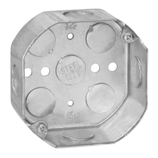 Octagon Box, 15.8 Cubic Inches, 4 Inch Diameter x 1-1/2 Inches Deep, 1/2 Inch Knockouts, Pre-Galvanized Steel, Drawn Construction, For use with Conduit
