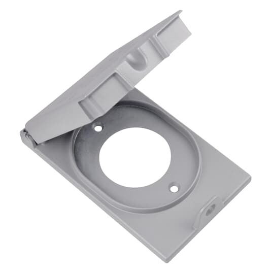 Single Gang Weatherproof Receptacle Cover, Silver, Zinc Alloy, 1 Single Receptacle Cover with 1.59 Inch Diameter Opening Vertical, Device Mount with Integral Locking Hasp