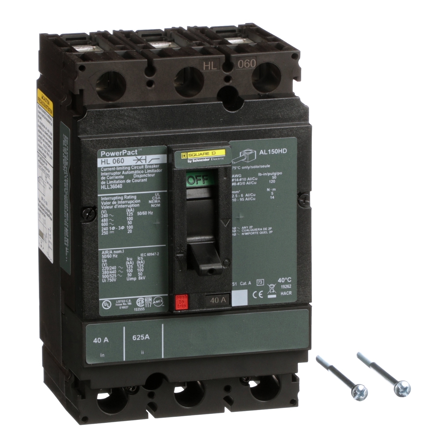 Circuit breaker, PowerPacT H, 40A, 3 pole, 600VAC, 50kA, lugs, thermal magnetic, 80%