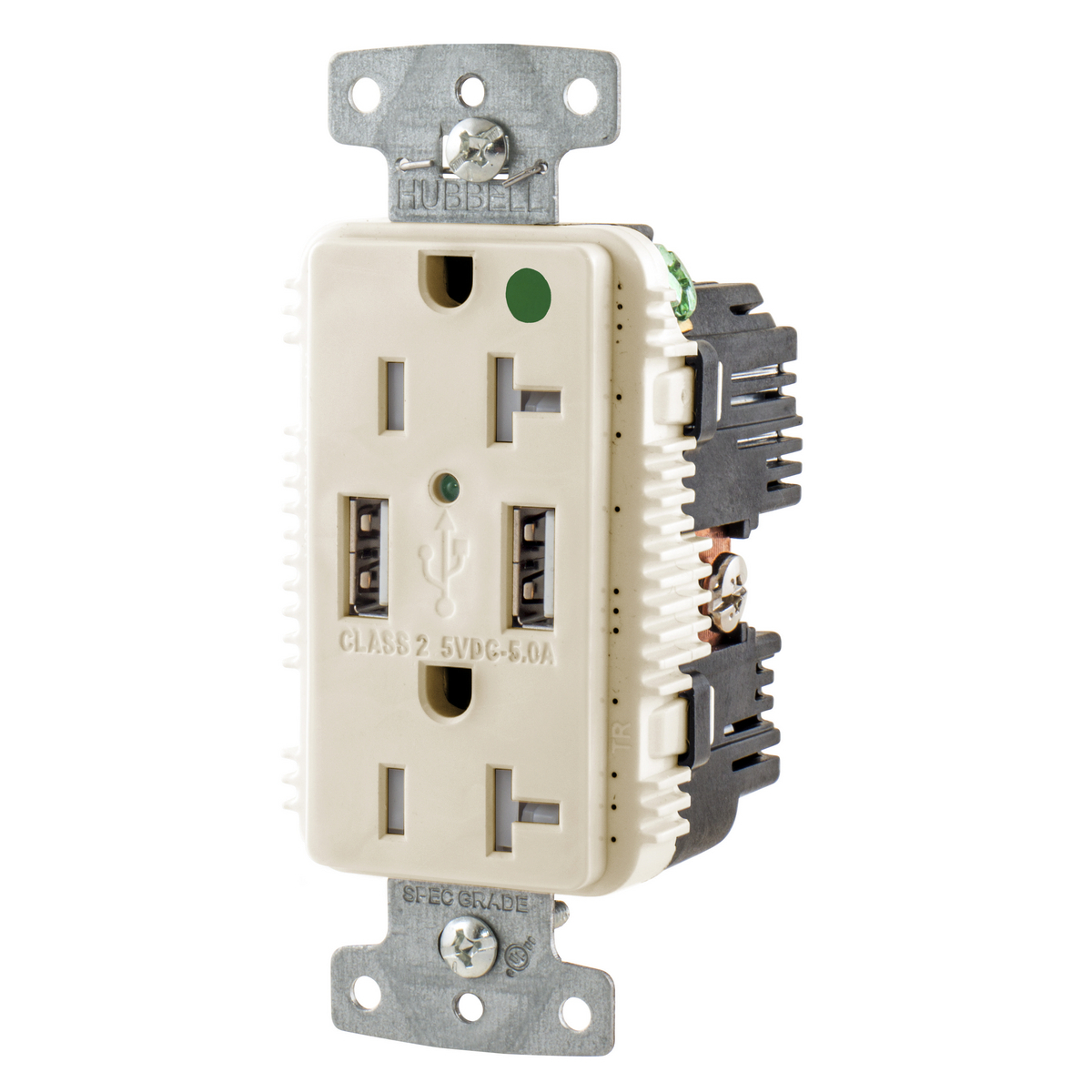 USB Charger Duplex Receptacle, HospitalGrade, 20A 125V, 2-Pole 3-Wire Grounding, 5-20R, 2) 5A "A" USB Ports,Light Almond