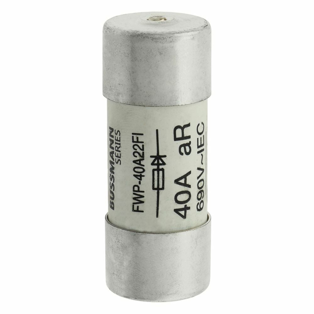 Eaton Bussmann series FWP high speed fuse, 700 Vac, 700 Vdc (UL), 40A, 200 kAIC at 300 Vdc, 50 kAIC at 300 Vdc, With Indicator, High speed fuse, Ferrule end X ferrule end, Class aR, White, Ceremic