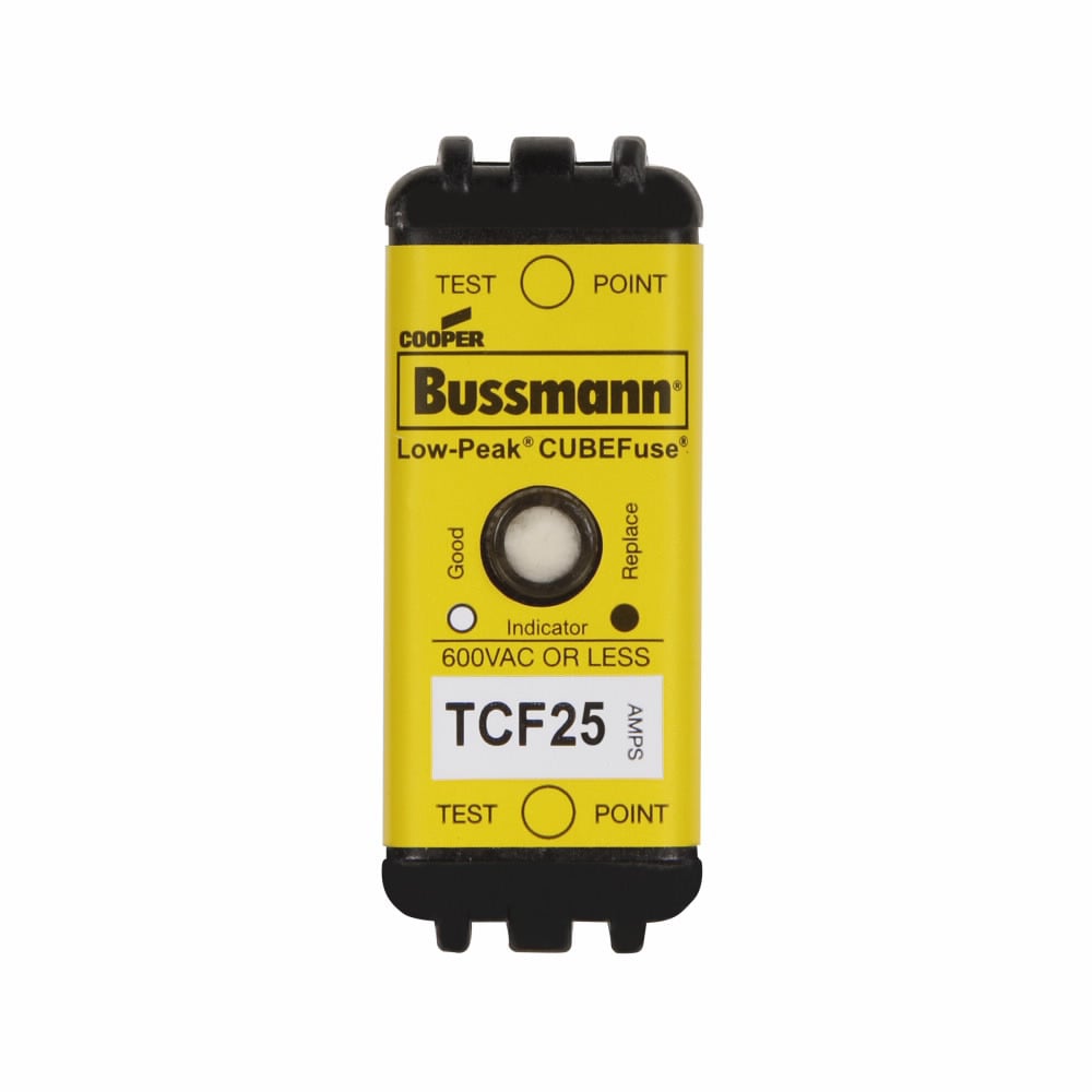 Eaton Bussmann series TCF fuse, Finger safe, 600 Vac/300 Vdc, 25A, 300 kAIC at 600 Vac, 100 kAIC at 300 Vdc, Indicating, Time delay, inrush current withstand, Class CF, CUBEFuse, Glass filled PES