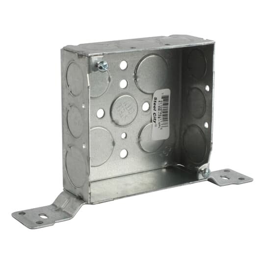 Square Box, 21 Cubic Inches, 4 Inches Square x 1-1/2 Inch, 1/2 Inch and 3/4 Inch Knockouts, Galvanized Steel, Welded Construction, Flat Bracket, For use with Conduit