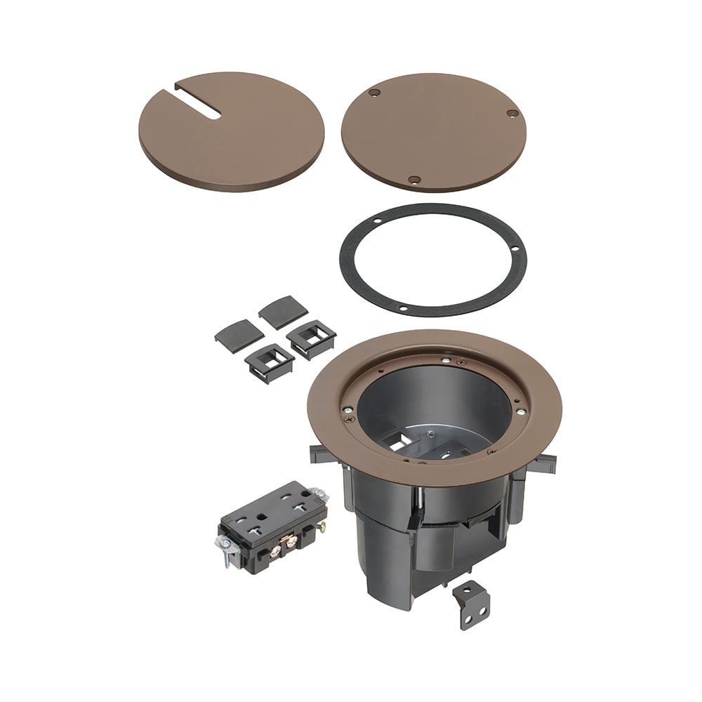 TWO low voltage openings with built-in divider, an ultra-thin stamped steel flange, and flush-to-the-floor in-use and blank covers. Has a brown powder-coated finish.