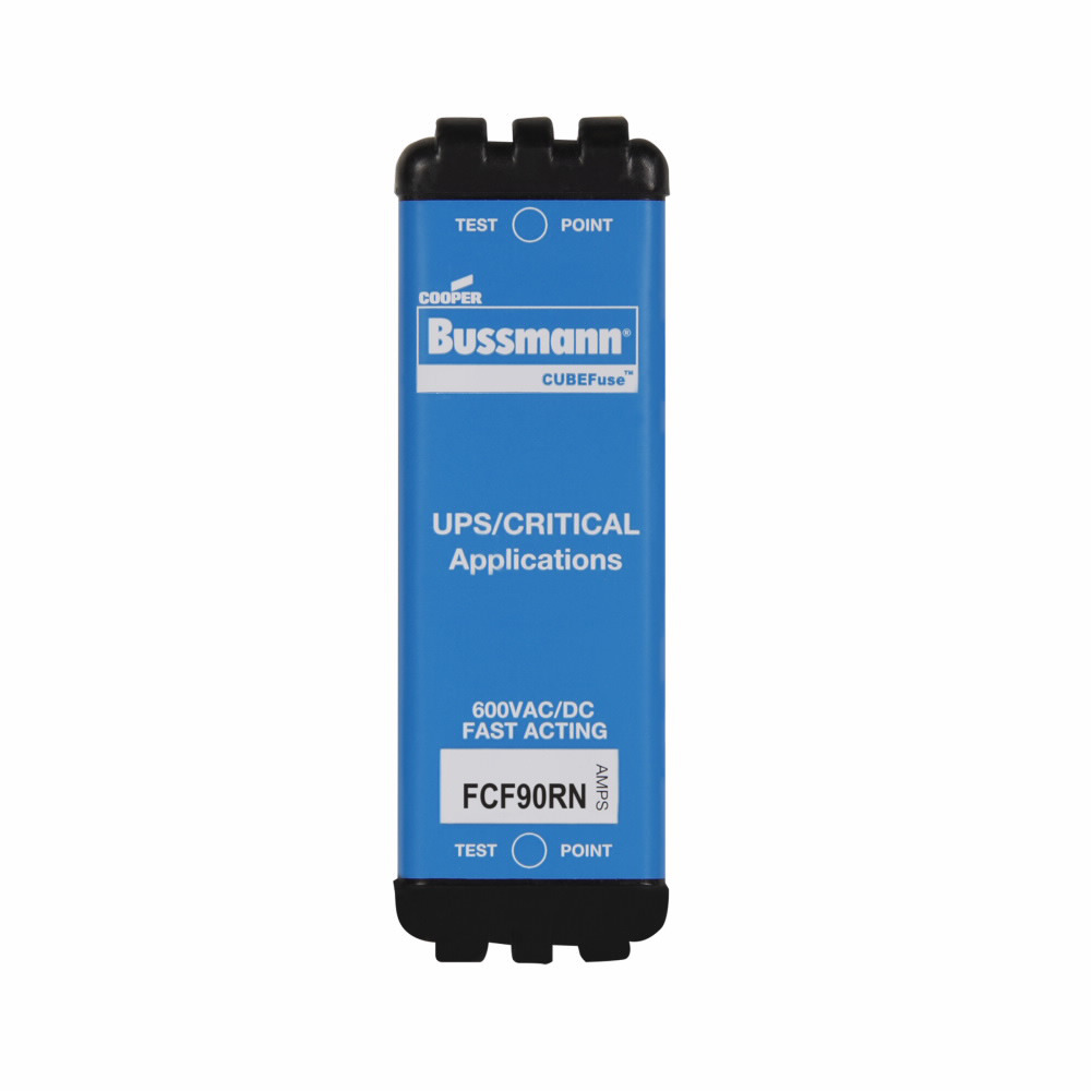 Eaton Bussmann series FCF fuse, 90 A, 60 Hz, 50 Hz, 1 , CF, Black, Non-indicating, Electroless tin plated copper alloy terminal, Blade end,Class CF, 8 min at 200%, 200 kAIC at 600 V,50 kAIC at 600 Vdc, Glass filled PES, 600 V, 600 Vdc