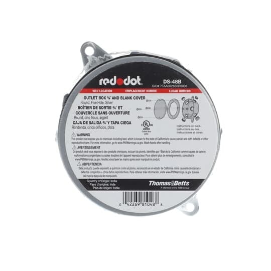 Round Outlet Box, 16 Cubic Inches, 4-1/8 Inch Diameter, Hub Size 3/4 Inch, Silver, Aluminum, with 5 Outlets, Four on the Sides and One in Back, and Blank Cover