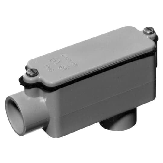 Type LB Conduit Body, Volume 12 Cubic Inches, Size 3/4 Inch, Length 5-9/32 Inches, Width 1-3/4 Inches, Material PVC, Color Gray, For use with Schedule 40 and 80 Conduit