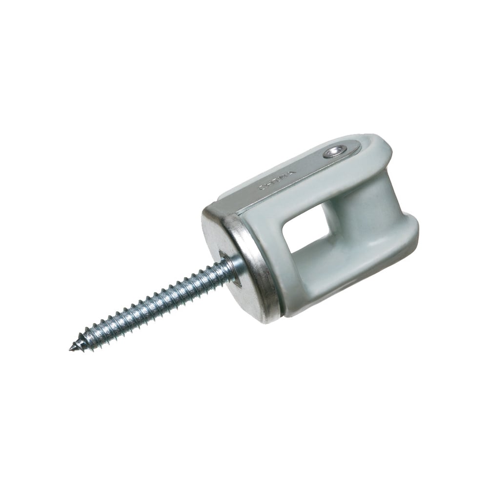 Porcelain and Galvanized Steel wire holder with riveted screw through head. Screw Size - 3/8" x 2-1/2" lag screw. Rivet strap on.