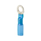 Heat Shrinkable Ring Terminal, Length 1.23 Inches, Width .25 Inches, Maximum Insulation .200, Bolt Hole #8, Wire Range #16-#14 AWG, Color Blue, Copper, Tin Plated