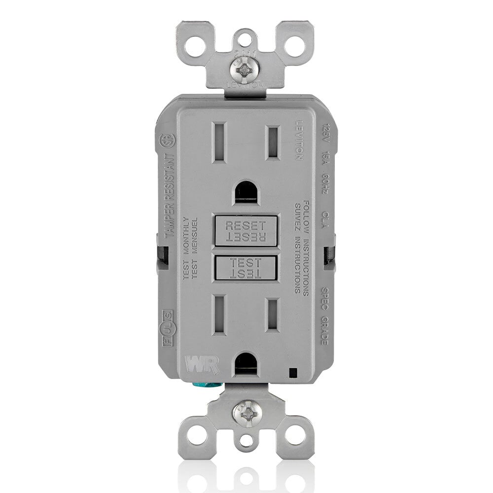 Self-Test Tamper Resistant, Weather Resistant GFCI Receptacle. Nema 5-15R, 15A-125V At Receptacle, 20A-125V Feed-through - Gray With Gray Test And Reset Buttons