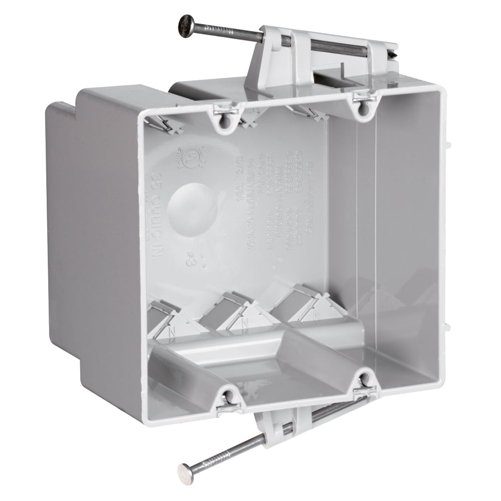 Double Gang Switch and Outlet Box, Captive Mounting Nails on Each End. Four Auto-Clamps on each end with Quick/Click Entries, 3 depth for manufactured housing walls. 100 pack.