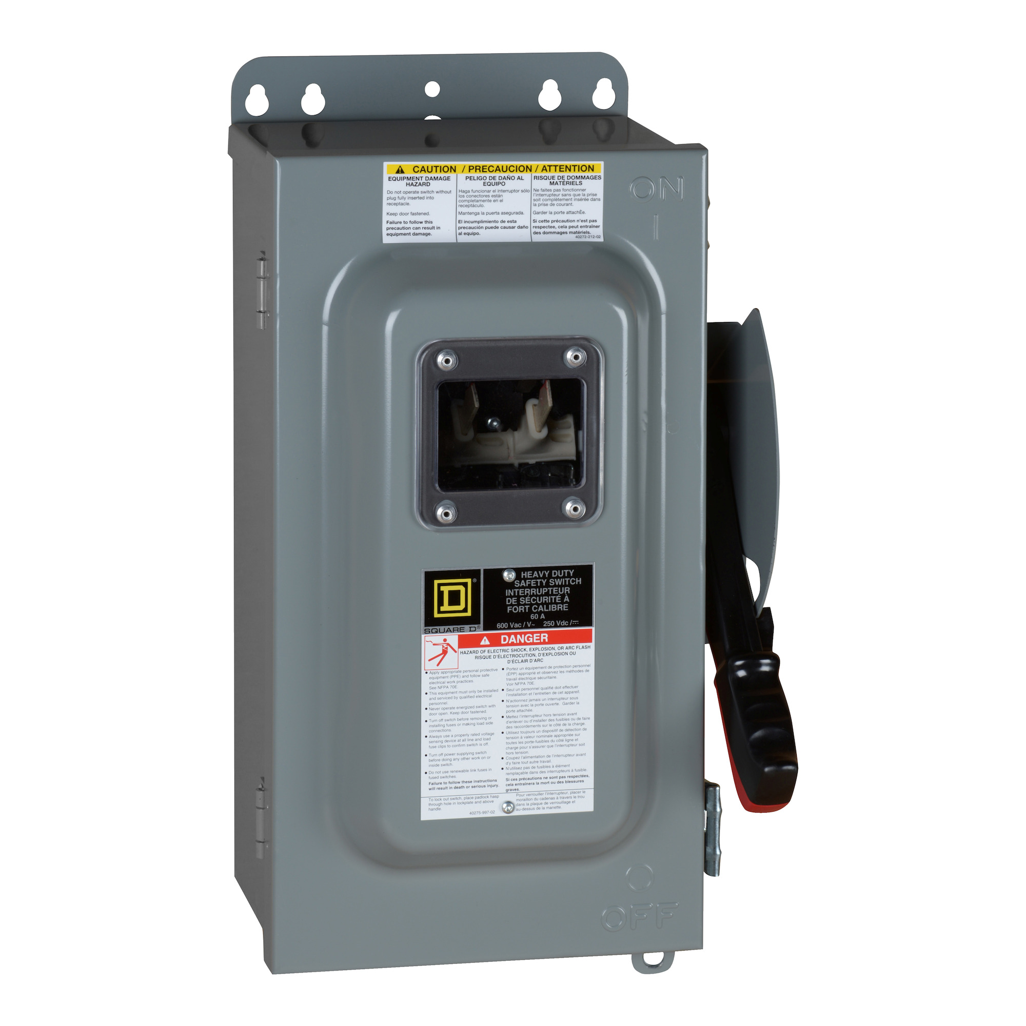 Safety switch, heavy duty, fusible, 60A, 600V, 3 poles, 50hp, NEMA 12K, crouse hinds arktite receptacle