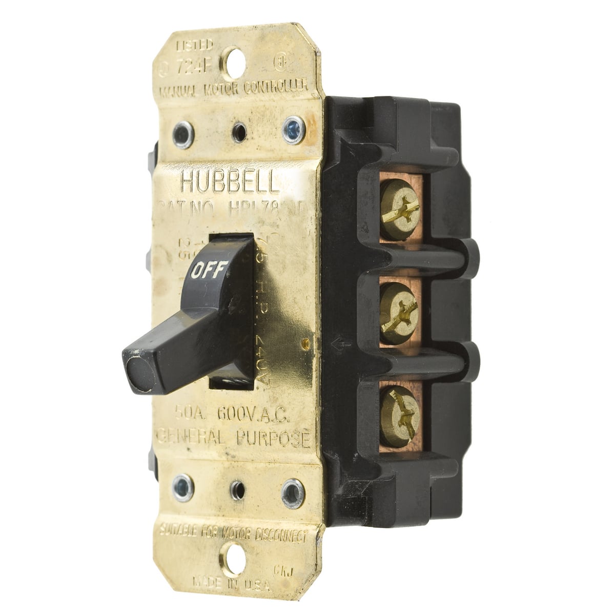 Switches and Lighting Controls, Industrial Grade, Manual Motor Controllers, Motor Disconnects, Three Pole, 50A 600V AC, Side Wired Only