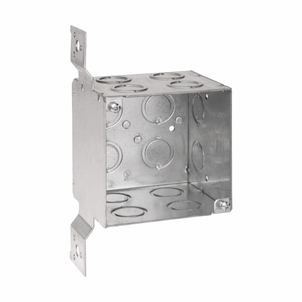Eaton Crouse-Hinds series Square Outlet Box, (4) 1/2", (1) 3/4" C, 4", S, Conduit (no clamps), Welded, 3-1/2", Steel, (12) 1/2", (1) 3/4" C, 46.0 cubic inch capacity