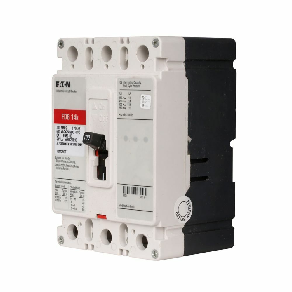 Eaton Series C complete molded case circuit breaker, F-frame, FDB, Complete breaker, Fixed thermal, fixed magnetic trip type, Three-pole, 125A, 600 Vac, 250 Vdc, 18 kAIC at 240 Vac, 14 kAIC at 480 Vac, Load side, 50?C, 50/60 Hz