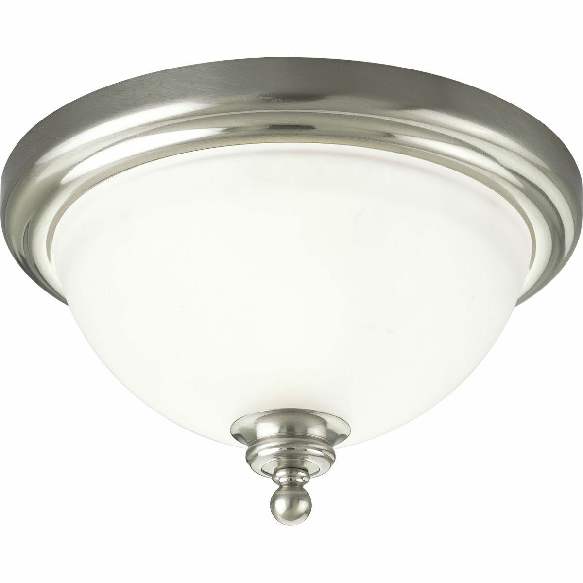 The Madison collection features etched glass with transitional elements. Simplified vintage style. One-light 12 in close-to-ceiling fixture. Brushed Nickel finish.