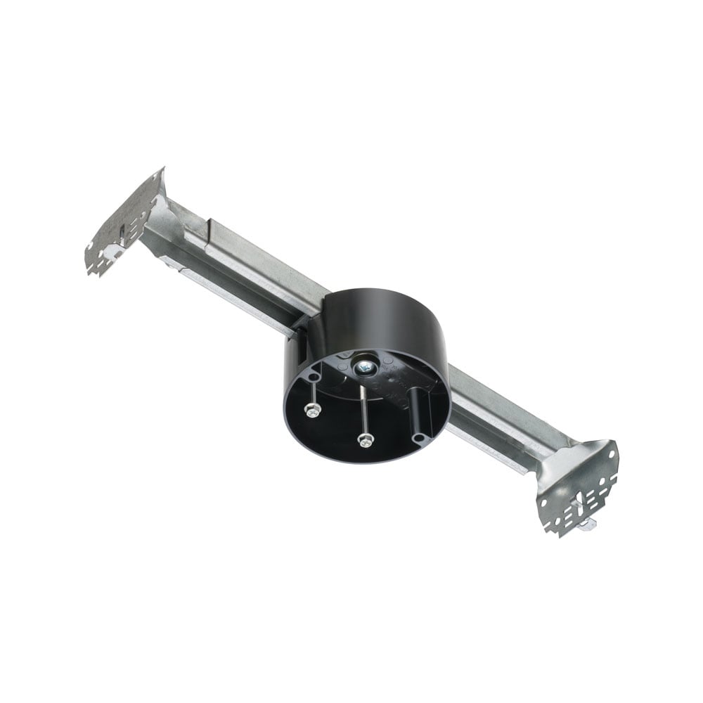 Steel adjustable bracket with plastic box for fan and fixture mounting. 2 hour fire rated. 23.0 cu. in. 70lb fan rated at 24" on center, 90lb fixture rated at 16" on center, 70lb fan rated 16" on center, 150lb fixture rated at 16" on center.