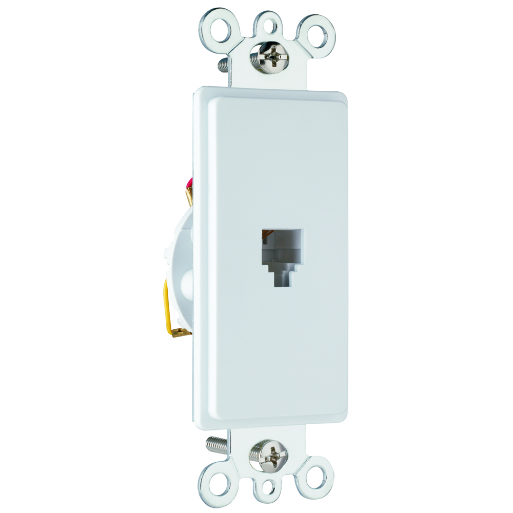 Single gang, single opening four conductor modular jack. White.