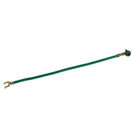 #12 AWG insulated eight-inch stranded pigtail with a captive 10-32 x 3/8 inch round head screw on one end and a fork-tongue terminal on the other end