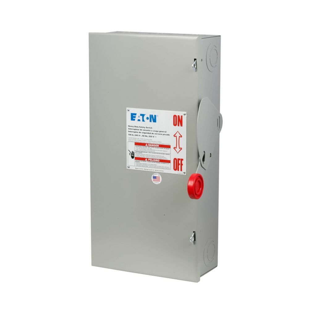 Eaton Heavy duty single-throw fused safety switch, Enhanced visible blade, 100 A, NEMA 1, Painted steel, Two-pole, Two-wire, 240 V, Max Hp: 7.5, 15 hp/15, 30 hp/20 hp (1,3PH @ Std fuse/time delay/250 Vdc), #14-#1/0 Cu/Al