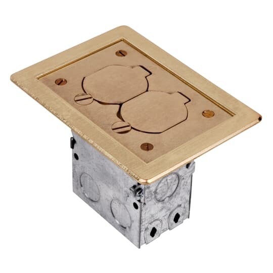 Single Gang Flush Service Residential Floor Box, 18 Cubic Inches, Length 3 Inches, Width 2 Inches, Depth 3-1/2 Inches, 1/2 Inch Knockouts, Galvanized Steel with Brass Cover, Duplex Receptalce 15A 125V, Tamper Reistant, For Wood, Ceramic Tile, or Carpeted Floor Applications