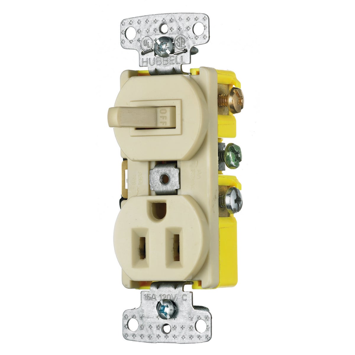 One Single-Pole Toggle One Single Receptacle Combination Device, Residential 15A 120V AC, Self Grounding, Side Wired