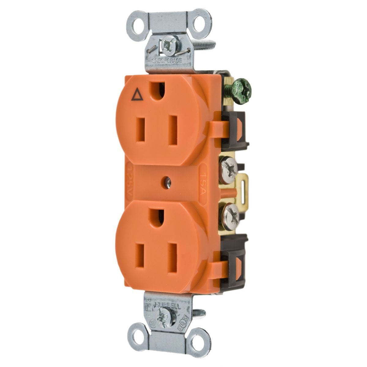 Straight Blade Devices, Receptacles, Duplex, Commercial Grade, Isolated Ground, 2-Pole 3-Wire Grounding, 15A 125V, 5-15R, Orange, Single Pack.