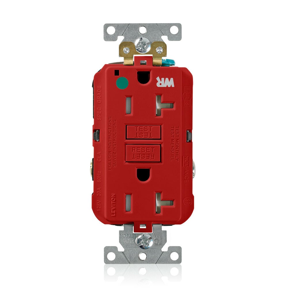 20 Amp, 125 Volt, SmartlockPro Self-Test GFCI Duplex Receptacle , NEMA 5-20R, 2P, 3W, Extra-Heavy Duty Hospital Grade, Weather & Tamper-Resistant, 20A Feed-Through, Back or Side Wired - RED