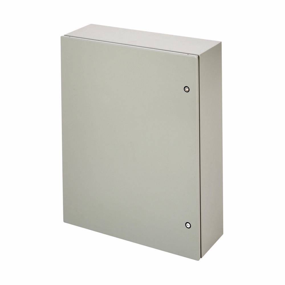 Eaton B-Line series wall mounted panel enclosure,36" height,8" length,36" width,NEMA 4,Hinged cover,SD enclosure,Wall mount,Medium single door,Thru holes,optional external mounting feet,Carbon steel,Seamless poured in-place gasket