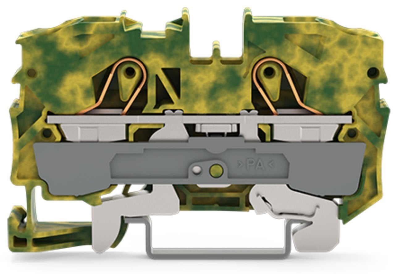 2-conductor ground terminal block; 10 mm; suitable for Ex e II applications; side and center marking; for DIN-rail 35 x 15 and 35 x 7.5; Push-in CAGE CLAMP; 10,00 mm; green-yellow
