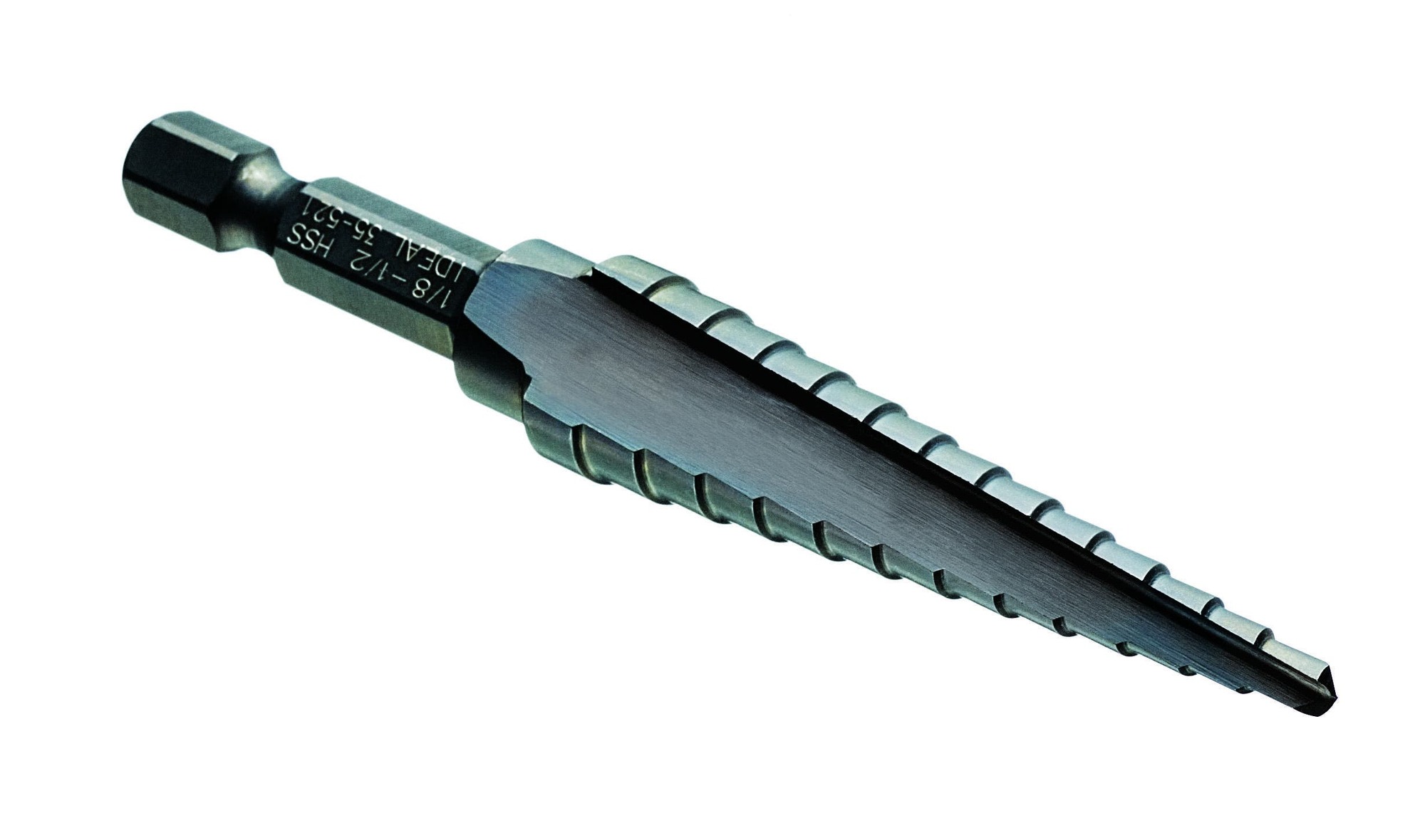 Quick Change Step Drill Bit, Number Of Drill Stages: 13, Minimum Drill Diameter: 1/8 IN, Maximum Drill Diameter: 1/2 IN, Step Increments: 1/16 IN, Step 1/8 IN Thickness, 1/4 IN Shank, High Speed Tool Steel