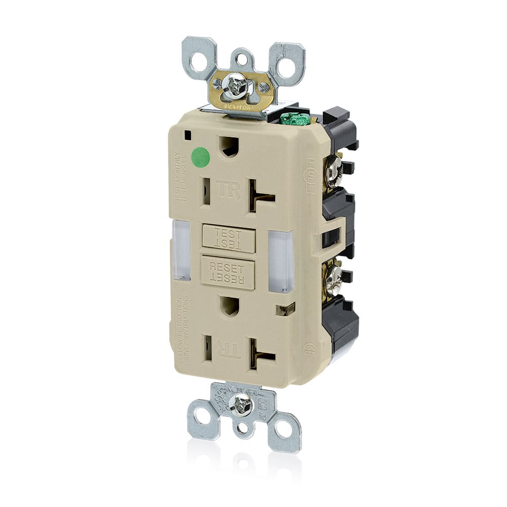 20 Amp, 125 Volt SmartlockPro Slim Guidelight Self-Test GFCI Receptacle, Hospital Grade, 20 Amp Feed-Through, Tamper-Resistant, Back & Side Wired, Wallplate Sold Separately - IVORY