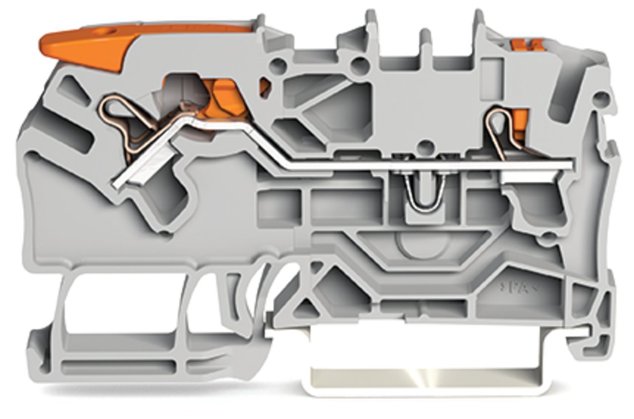 2-conductor through terminal block; with lever and push-button; 2.5 mm; with test port; side and center marking; for DIN-rail 35 x 15 and 35 x 7.5; Push-in CAGE CLAMP; 2,50 mm; gray