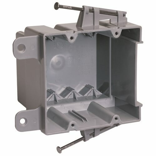 Double Gang, Switch and Outlet box with captive mounting nails on each end. It has four Auto/Clamps on each end. It is made with a durable,impact-resistant thermoplastic box. It is easy to install with a rectangular cutout. 100 pack.