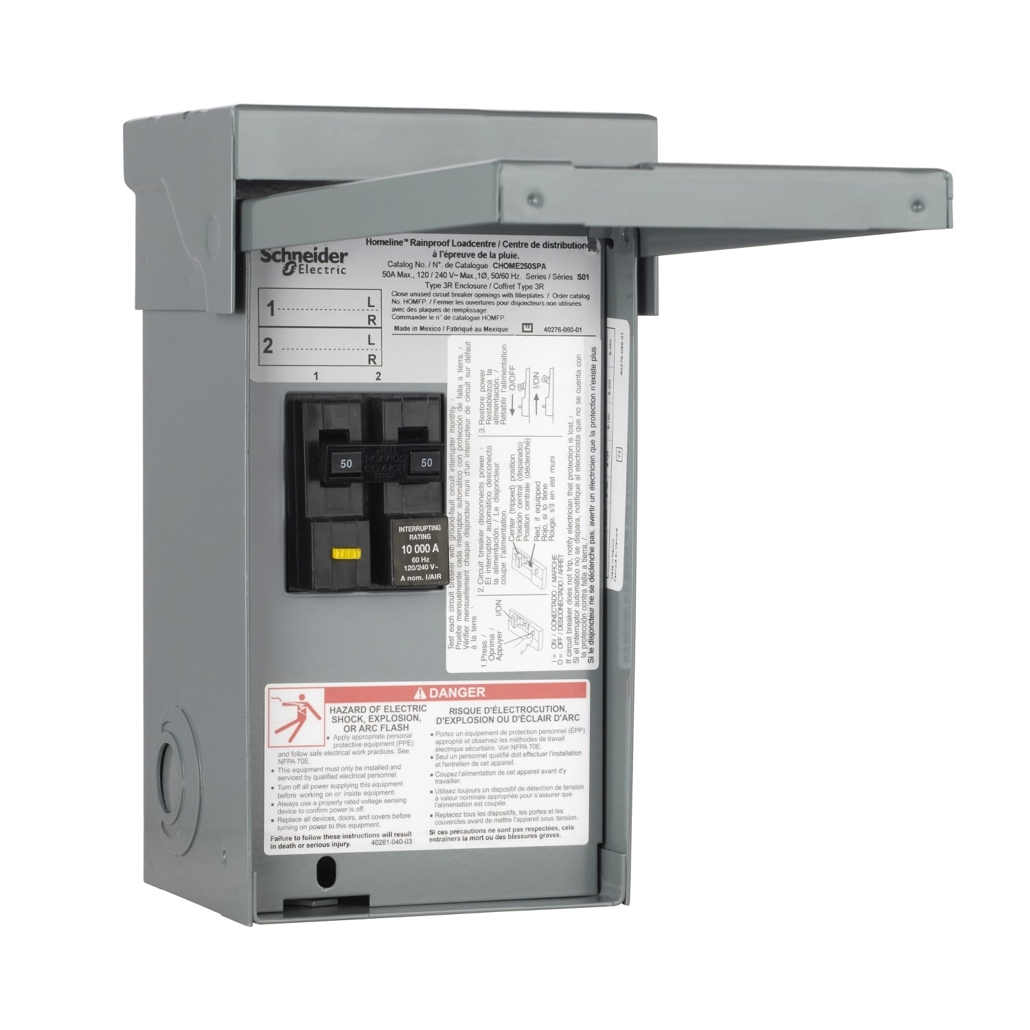 Enclosed circuit breaker, Homeline Canadian, 2 pole, 50A, NEMA 3R, ground fault interrupt