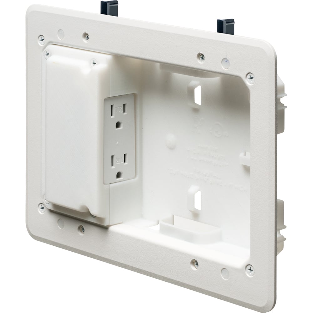 Low Profile non metallic TV BOX kit. For a flush to the wall installation as shallow as 3/4". For new or old construction. Fits also on 2x2, 2x3 and 2x4 studs. Box Only.