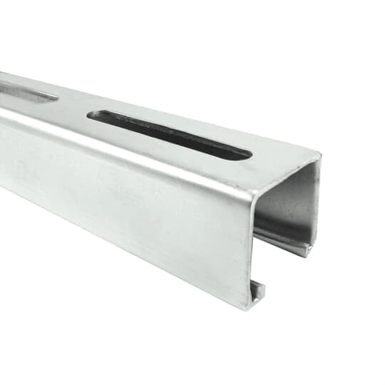 Channel, 12 Gauge, 1-5/8 Inch x 13/16 Inch, Length 10 Feet, Slotted Green Urethane Powder Coated Steel with 7/16 Inch x 3 Inch Slots on 4 Inch Centers