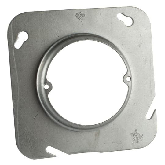 Square Box Cover, 5.8 Cubic Inches, 4-11/16 Inch Square x 1 Inch Raised, Pre-Galvanized Steel, Center Blanked with Tapped Ears on 2-23/32 Inch Centers