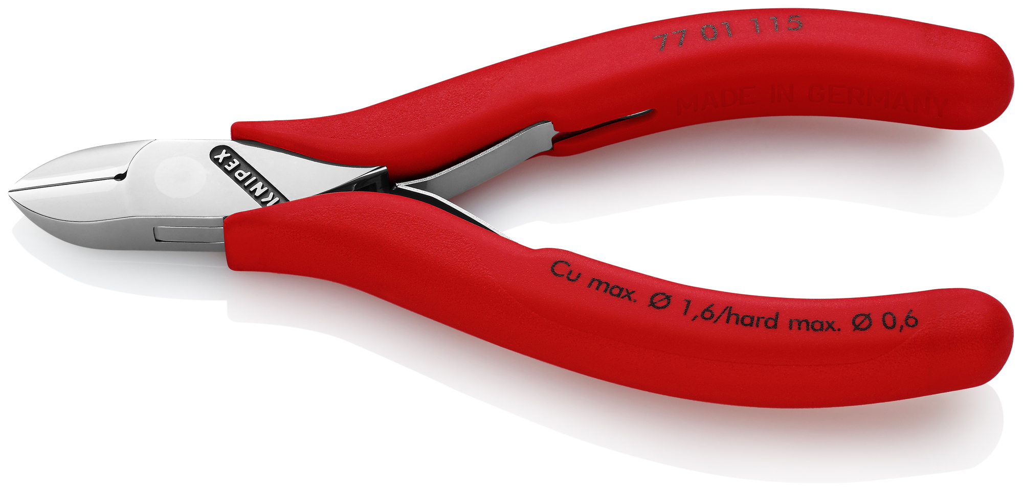 Electronics Diagonal Cutters, 4 1/2 in., Plastic coating, Polished, Semi-flush with Small Bevel Cut, Oval Head, Up to 1/64 in. Hard Wire