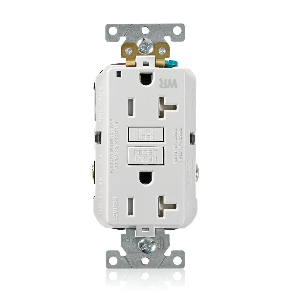 20 Amp, 125 Volt, SmartlockPro Self-Test GFCI Duplex Receptacle , NEMA 5-20R, 2P, 3W, Extra-Heavy Duty Industrial Grade, Weather & Tamper-Resistant, 20A Feed-Through, Back or Side Wired - WHITE