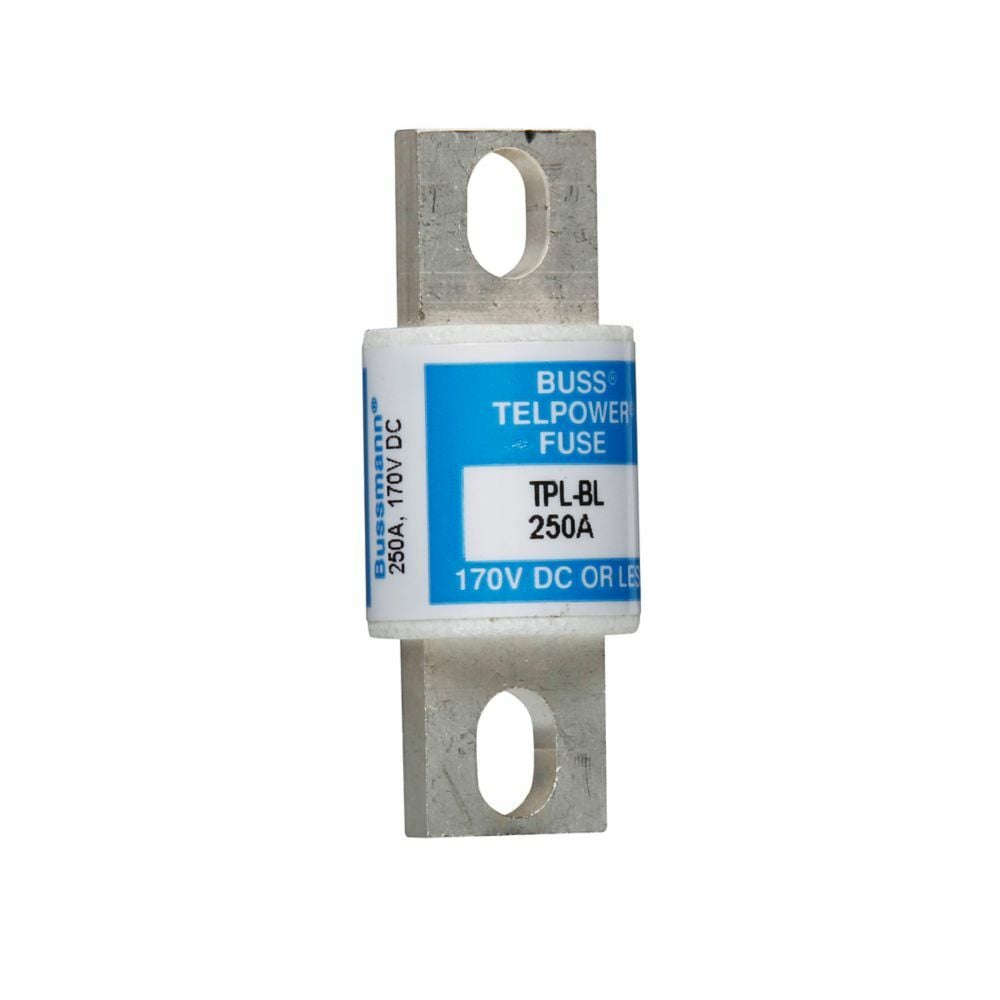 Eaton Bussmann series TPL telecommunication fuse, 170 Vdc, 100 A, 100 kAIC, Non Indicating, Current-limiting, Bolted blade end X bolted blade end, Silver-plated terminal