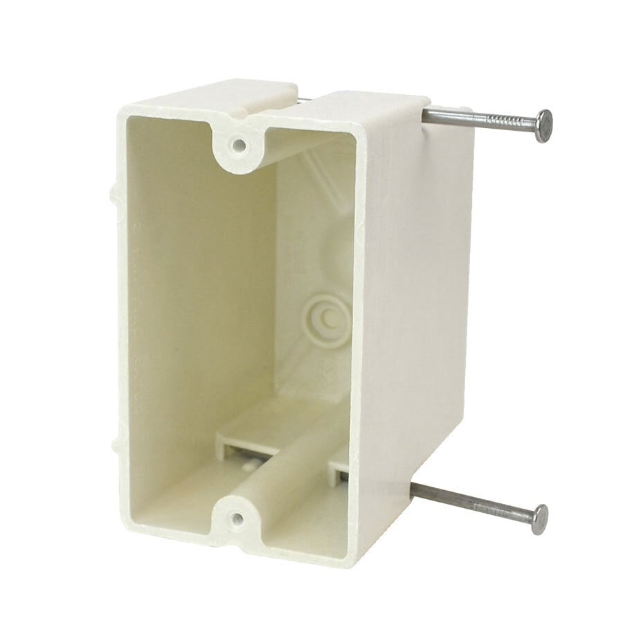 1-Gang Switch/Receptacle Outlet Box; New Work, Angled Nails, 3-1/4 Inch Depth, Thermoset-Fiberglass Reinforced Polyester, 20.5 Cubic-Inch, Beige/Tan